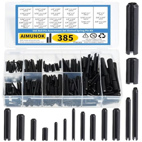 AIMUNOK 385-Piece Roll Pins Assortment - 26 Sizes Steel Slotted Spring Roll Pins- 1/8 1/4 3/8 1/16 5/64 3/32 5/16 5/32 5/16 for Home Improvement Automotive Repair