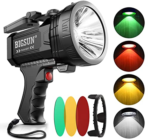 BIGSUN Q953 Spotlight, High Lumens LED Flashlight with Floodlamp and 3 Color Lens, Built-in Rechargeable 10000mAh Battery Pack, Outdoor Handheld Flashlight for Farm,Hunting,Observe Animals