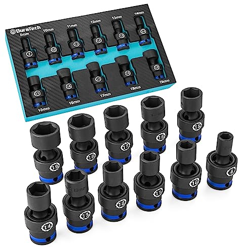 DURATECH 3/8 Drive Impact Universal Joint Socket Set, Swivel Socket Set, 11-Piece, Metric, 8-19mm, Cr-Mo Steel, Organized in EVA Foam Organizer