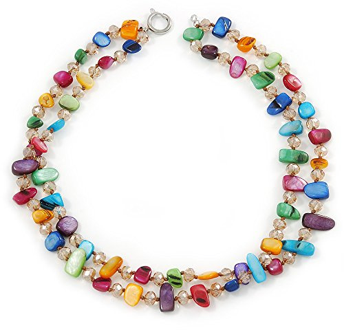 Avalaya 2-Row Multicoloured Shell Nugget with Nude Coloured Crystal Bead Necklace/44cm Long/ 6cm Ext