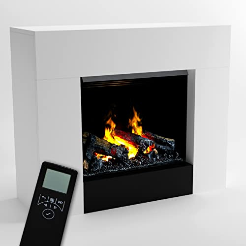 GLOW FIRE Wasserdampf Kamin Kronos (Standkamin) - Elektrokamin mit Heizung und Kaminfeuer - Kaminkonsole aus Holz mit patentiertem Opti-myst-LED Kamineinsatz, 110x100x30 cm - Weiß