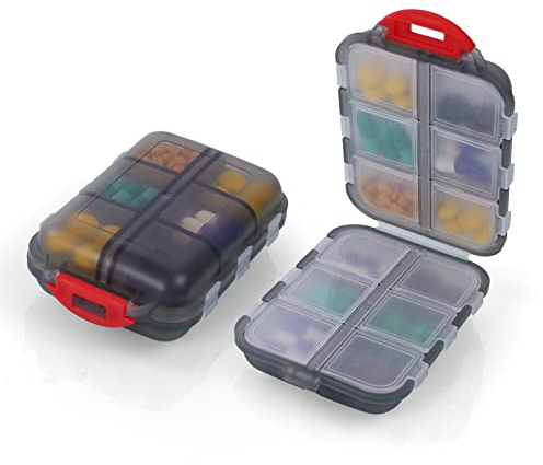 AOOWU Tablettenbox 7 Tage, Pillendose 12 Fächer, Medikamentenbox Klein Handlicher mit Großen Separaten Fächern für Medikamente,Vitamine, Fischöl usw,Tablettenspender für Reise und Tägliches (Grau)