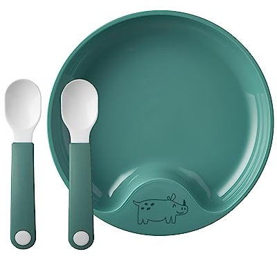 Mepal Mio - Lernteller mit Lernlöffel - Deep turquoise - rutschfester Kinderteller, handliche Kinderlöffel - Babyteller, Babylöffel - mikrowellenfest - spülmaschinengeeignet