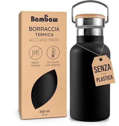 Bambaw Botella Agua Acero Inoxidable 350 ml, Botella Bicicleta Isotermica Hermética y de Doble Pared, Garrafa Reutilizable Metálica, Garrafa Termica Pequeña Inox con Asa y Boca Ancha (Negro Ébano)