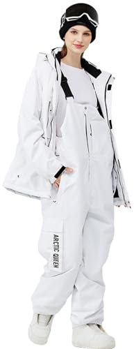 Damen Schneeanzug, Damen Skianzug 2 teilig, Damen Winterjacke, Winter Skihose mit Verstellbaren Trägern (Weiß 2XL)