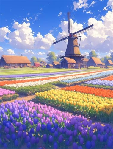 5D Diamond Painting Windmühle Diamand Painting Erwachsene Landschaft Diamond Painting Kinder, DIY Diamant Painting Bilder Komplettes Diamand Painting Zubehörset, für Zimmer Deko Wohnzimmer 70x92cm