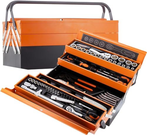 Cassetta Attrezzi Completa con 85 Pezzi in Metallo Cassetta Porta Utensili Organizer per Attrezzi Resistente Pieghevole con Occhiello per Lucchetto per Fai da Te Meccanico Elettricista