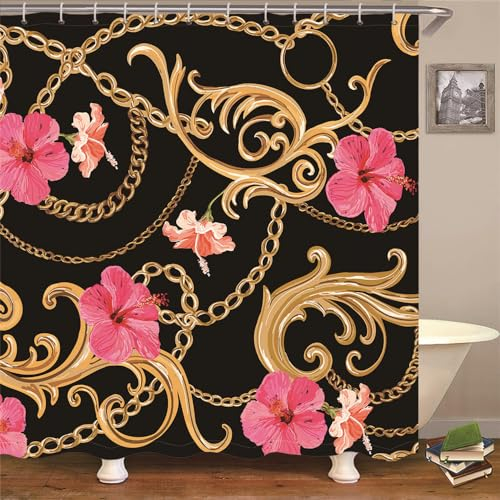 Duschvorhang Rosa Blume Schwarz Duschvorhang Stoff Polyester Badevorhang Shower Curtains Antischimmel Duschvorhang Wasserdicht Duschvorhänge Duschvorhang 240x200 mit 12 Duschvorhangringen