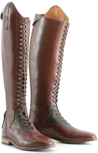 WEHAM Marrón,43,Botas ecuestres para hombre y mujer, estilo retro, con cordones, de cuero PU, botas de caballero, botas largas para montar al aire libre para principiantes