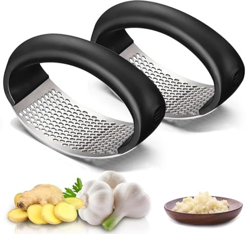 Dawumin Spremiaglio in Acciaio Inox, Schiaccia Aglio Manuale, Trita Aglio per uso Domestico, Utensile da cucina, Taglia Aglio Manuale per Achiacciare Aglio, Zenzero (2PC-Nero)