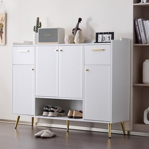 SogesHome Schuhschrank Konsolenschrank Sideboard Schuhregal mit 2 Schubladen und 4 Türen für Wohnzimmer Flur,130x37x100 cm