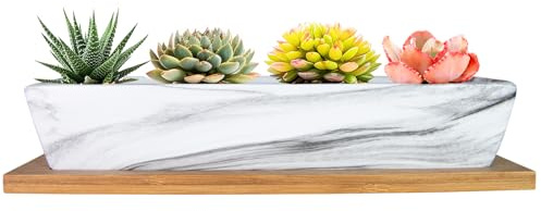 ARTKETTY Succulent Pots, 9.8 Inch Ceramic Succulent Planters with Drainage Small Bonsai Pot with Bamboo Tray, Mini Cactus Flower Planter Pot Shallow Rectangular Window Planters for Indoor Plants