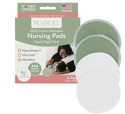 NuAngel Day & Night Reusable Nursing Pads for Breastfeeding, 100% Cotton—Day 4‑Layer, Night 8‑Layer Overnight Protection – 4 Pack (Natural/Sage)