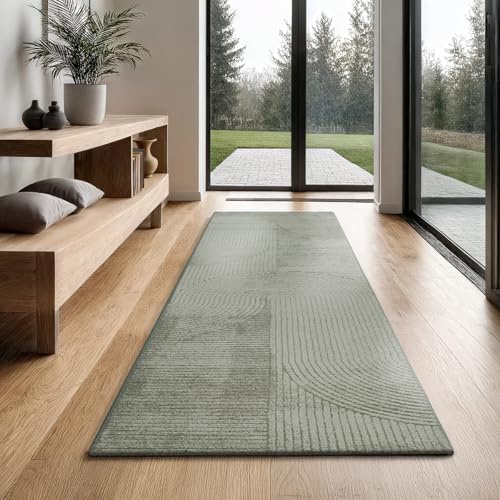 the carpet Everest - Moderner Kurzflor Teppich Hoch-Tief-Struktur, 3D-Effekt, weiche Oberfläche und hohe Flordichte, ideal für Wohnzimmer & Schlafzimmer, Panglao Design, Grün, 80 x 300 cm