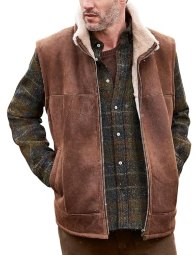 Mens Sheepskin Lined Leather Vest, Leather Cowboy Vest for Men Western Style, Sherpa Lined Leather Vest men (US, Alpha, XX-Large, Regular, Regular, Leather Sherpa Vest men)