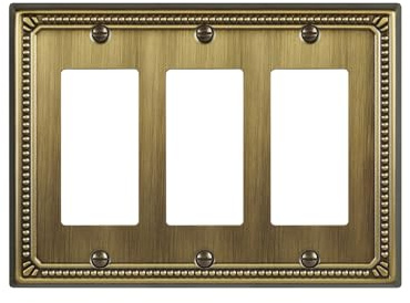 ZILLSEA 1 paquete de placas de pared decorativas triples de latón antiguo, cubiertas de enchufe eléctrico de metal para receptáculos, interruptores de atenuación, GFCI, diseño decorativo de perlas