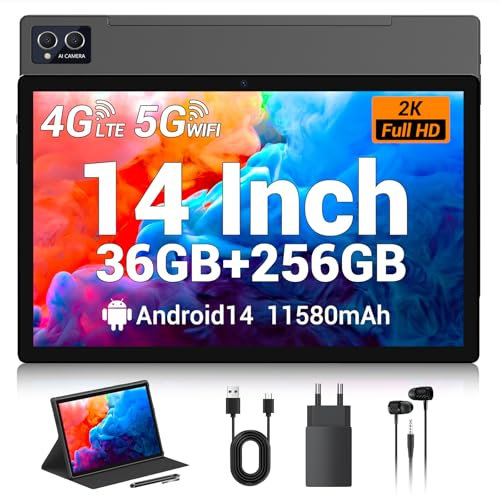 TIGERFU Tablette 14 Pouces, Android 14 Tablette avec Carte Sim Plateau, 36Go RAM+256Go ROM (TF 1To), 4G LTE+5G WiFi, Octa-Core,8MP+13MP,11580mAh,1920x1200 FHD,BT5.0,Tablet avec Stylet et Étui (Gris)