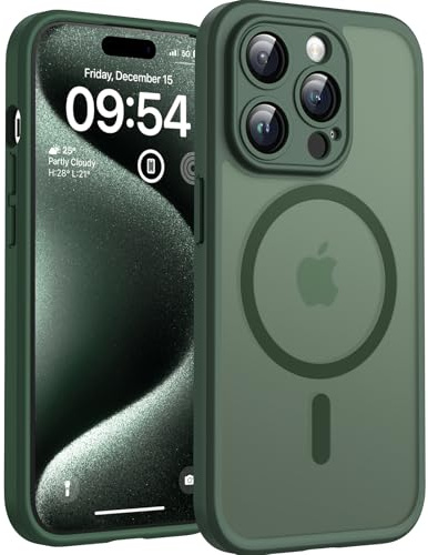 TOCOL für iPhone 15 Pro Hülle, Kompatibel mit MagSafe, Matt Alpengrün | Eingebauter Magnetring, Vollständiger Kameraschutz, Militärschutz Stoßfest Kratzfest Haltbarkeit, Durchscheinend Rückseite