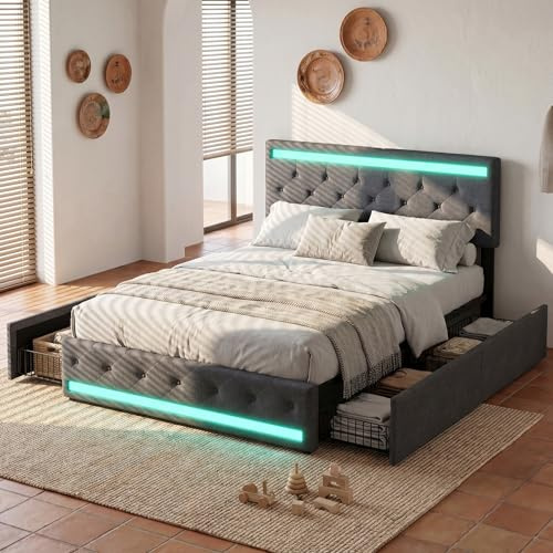 Julyue Bett 140x200 mit Stauraum Doppelbett mit LED und USB Ladefunktion und 4 Schubladen Polsterbett Jugendbett Funktionsbett Bettgestell mit Lattenrost, Ohne Matratz