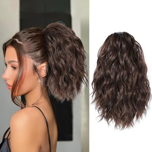 XFSRG 30 cm Pferdeschwanz Haarteil mit Kordelzug und welligem Design als Synthetische Haarextension für Damen zur Einfachen Verlängerung oder als Voluminöser Ponytail (Dunkelbraun)