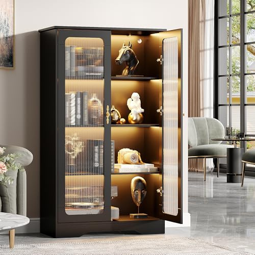 Vabches 55H Tall Curio Cabinet with Glass Doors,Display Storage Cabinet with LED Light, 4 Tier Bookcase Shelf Case for Living Room,Bedroom,Dining Room,Esports Home,Reading Nook,Black