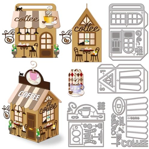 GLOBLELAND 3D Stanzformen Für Coffeeshop Boxen Tische Und Stühle Metallstanzungen Haus StanzUnd Prägevorlagen Für Scrapbooking Basteln Papierkartenherstellung