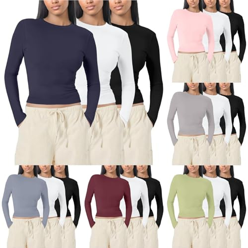Générique Lot de 3 Tops Y2k Hauts Décontractés pour Femmes Top Moulant pour Femmes T-Shirts Moulants à Manches Longues Tops Basiques Couleur Unie T Shirt