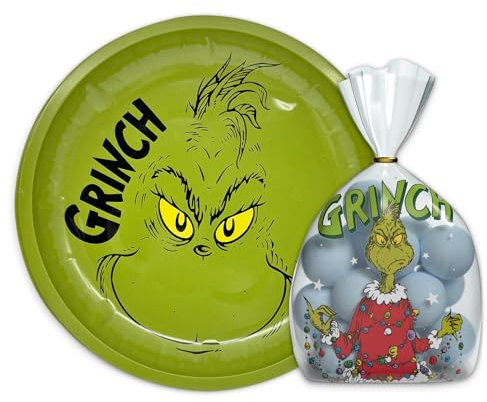 The Grinch Lot de 9 pièces de Noël avec assiette de Noël verte de 26 cm en fer et sacs à pâtisserie transparents – Ensemble cadeau et décoration amusant pour biscuits, bonbons et période de l'Avent