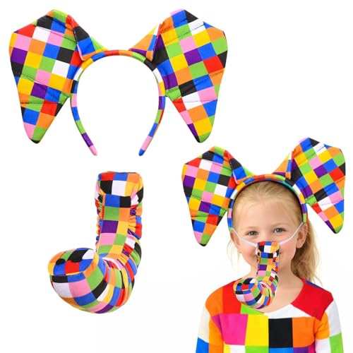 Kavoc Patchwork Elephant Costume Accessories with Colorful Elephant Ears Headband Trunk for World Book Day Animal Fancy Dress up
