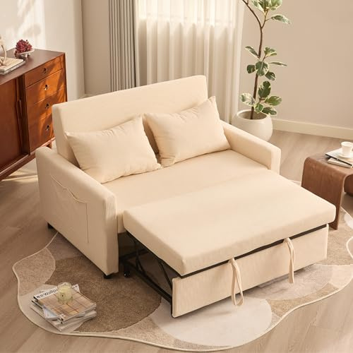 Litbird Schlafsofa 2-Sitzer, 3-in-1 ausziehbares Sofa Bett, Cordstoff Schlafcouch mit Verstellbarer Rückenlehne und Seitentaschen, für Wohnzimmer und Gästezimmer,Beige
