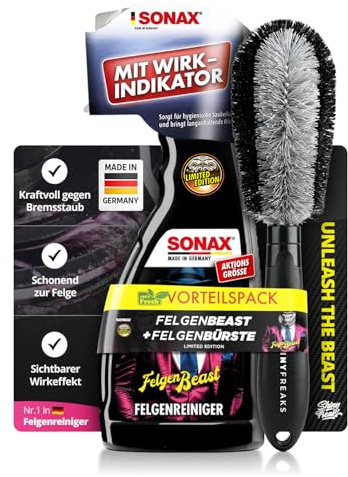 SONAX FelgenBeast Felgenreiniger (500ml) Set + Shiny Freaks Felgenbürste | Wheel Cleaner für Alufelgen Stahlfelgen Speichen Bremsstaub Radpflege Felgenreinigung Autopflege außen | 2-teilig