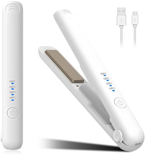Mini plancha de pelo inalámbrica, 2 en 1 de viaje, mini plancha de pelo con 4 temperaturas, rizos y alisado con pantalla LCD, plancha de viaje portátil con carga, calentamiento rápido de 30 segundos