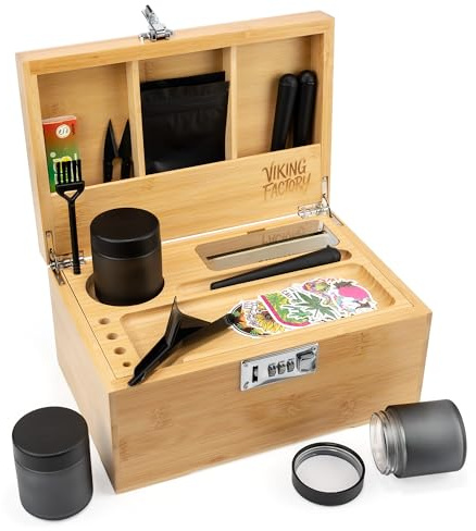 Viking Factory Large Lockable Bamboo Storage Box with Removable Tray and Combination Lock, 19-Piece Wooden Organizer Set with Jars, Accessories and Padded Interior for Personal Storage (Natural)