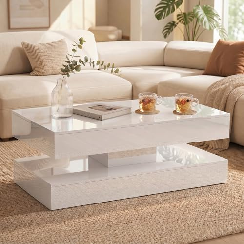 OC Orange-Casual Weiß Couchtisch im Hochglanz, Moderner Kaffeetisch mit 2 Schuhbalden, Rechteckiger Wohnzimmertisch mit Stauraum, Sofatisch für Wohnzimmer 100 x50x45cm (Weiß)