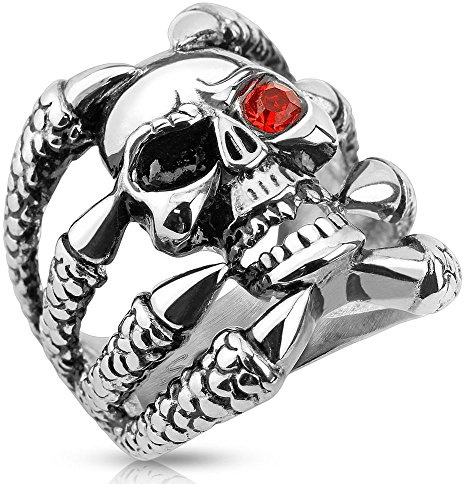 Bungsa Ring Totenkopf Silber Herren - TOTENSCHÄDEL mit Klauen Fingerring für Männer - Edelstahl-SCHMUCK Ring für Biker & echte Kerle - Skull Siegelring extra groß, massiv & breit
