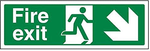 V Safety Fire Exit Arrow Down Right Sign - Landscape - 300mm x 100mm - 2mm Rigid Plastic