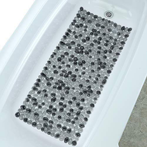 SlipX Solutions Non Slip Pebble Bath Mat for Shower & Bathtub 38x17 | River Rock Look | Accupressure | Massage Bath Mats for Tub | 188 Suction Cups | Machine Washable, Dark Gray Pebbles
