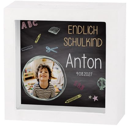 Striefchen® Spardose Einschulung Bilderrahmen mit Geldschlitz als Geldgeschenk Schulanfang - personalisiertes Geschenk zum Schulbeginn für Schulkinder mit Foto