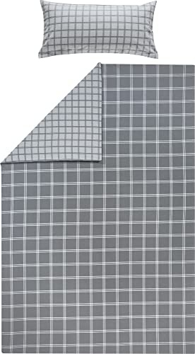 Erwin Müller Flanell Wende-Bettwäsche, Bettgarnitur Karo grau Größe 40x80 cm / 155x220 cm - für kalte Nächte, flauschig weich, temperaturausgleichend, mit Reißverschluss