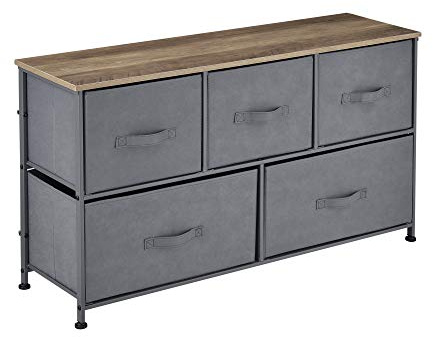pro.tec Kommode mit 5 Schubladen Konsole 55 x 100 x 29 cm Ablage mit Aufbewahrungsboxen Nachttisch mit Vliesstoff-Schubladen Grau/Holzfarben