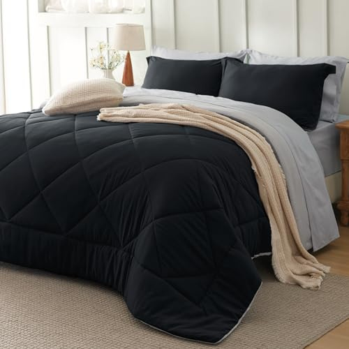 Bedsure Queen Comforter Set - 7 Pieces Reversible Black Bedding, Queen Size Bed Set for All Seasons, Bed in a Bag with Down Alternative Comforter, Sheets, Pillowcases & Shams