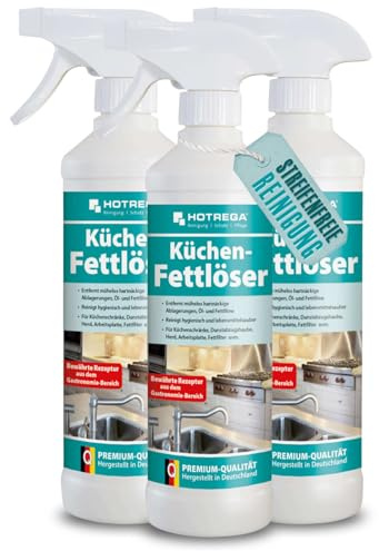 HOTREGA Küchen Fettlöser 3x 500 ml | Intensiver Kraft-Reiniger Spray | Gastro-Qualität für Dunstabzugshaube, Herd & Edelstahl | Löst Öl-Ablagerungen von Kunststoff oder Holz ohne Schrubben