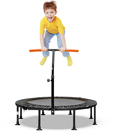 COSTWAY 45 Mini Trampoline, Foldable Fitness Bouncer with Height Adjustable Handrail and Safety Pad, Indoor Aerobic Workout Rebounder for Kids Adults (Orange+Black)