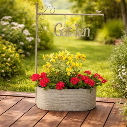 OF Gartenschild Deko Garden mit Blumenkasten aus Metall zum Bepflanzen - Willkommen Blumentöpfe (58 cm hoch)