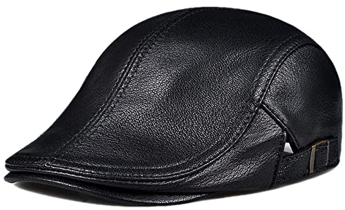 WHSPORT Herren Leder Barett Cap Schiebermütze Schirmmütze Visor Ballonmütze Gatsby Cabbie Cap (Color : Black, Size : 59-60)