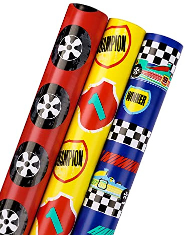 RUSPEPA Rotolo di carta regalo di compleanno – Mini rotolo – Set di auto da corsa ideale per feste, celebrazioni, neonati – 3 rotoli – 43,2 cm x 305 cm per rotolo