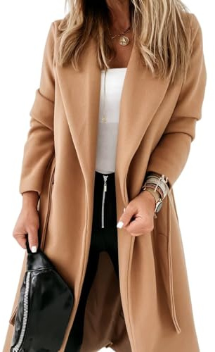 Klassischer Damenmantel, Reverskragen, vorne offen, mit Gürtel, lange Jacke