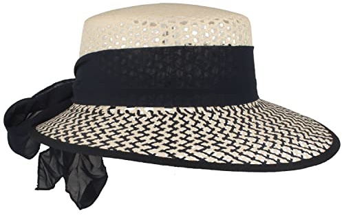 Breiter Damen Strohhut Strandhut Schute mit asymmetrischer Krempe & Schleife Damenhut 100% Papier