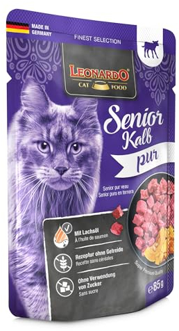 LEONARDO Katzenfutter Senior Kalb pur, 16x 85g Beutel, mit Kürbis und Lachsöl, für ausgewachsene Katzen, getreidefrei, ohne Zucker, Made in Germany