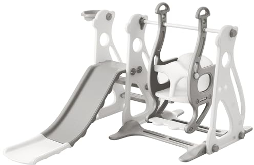 Merax Rutsche für Kinder, 4 in 1 Kinderrutsche Schaukel Basketballkorb, Kletterleiter, Kinder Spielplatz Gartenrutsche für In- und Outdoor, Hinterhof Baby Rutsche Set, Grau & weiß